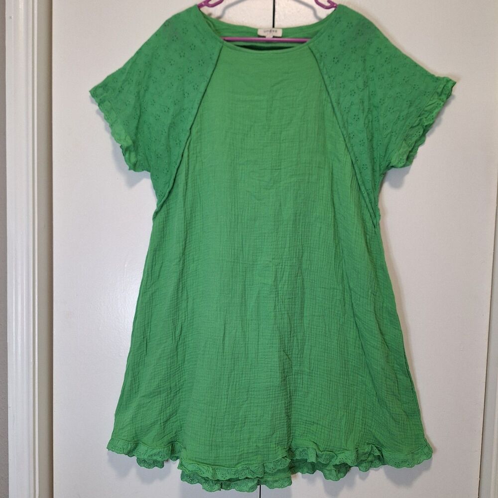 Umgee Textured Cotton Gauze Green Dress Size Large Sage Eyelet Lace